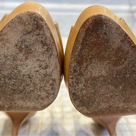 Jimmy Choo Women Peep Toe Nude Patent Leather Platform Slingback Heels - Picture 13 of 14